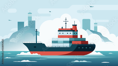 A cargo ship traveling through foggy conditions its data navigation system equipped with specialized sensors to aid in visibility and prevent accidents.. Vector illustration