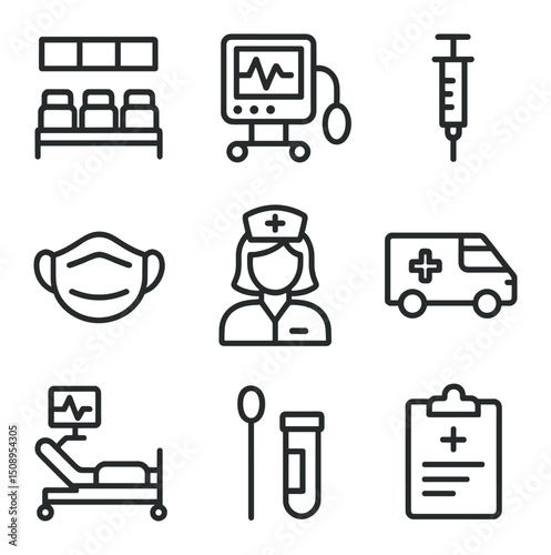 Healthcare Icon Set. Outline icon set of healthcare capacity expansion: hospital ward, ventilator, vaccine syringe, PPE mask,