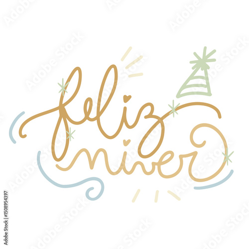 happy birthday hand drawn lettering in portuguese with hat