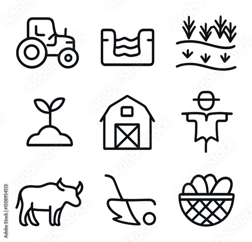Lowland Agriculture Icons. Outline icon set of lowland agriculture: tractor, irrigation canal, rice paddy, planted seedling, barn,
