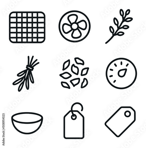 Herb Dehydration Icons. Outline icon set of herb dehydration: mesh tray, dehydrator fan, thyme sprig, rosemary bundle, dried leaf