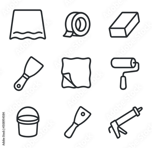 Painting Prep Icons. Outline icon set of painting prep tools: drop cloth, painter’s tape, sandpaper block, putty knife, cleaning