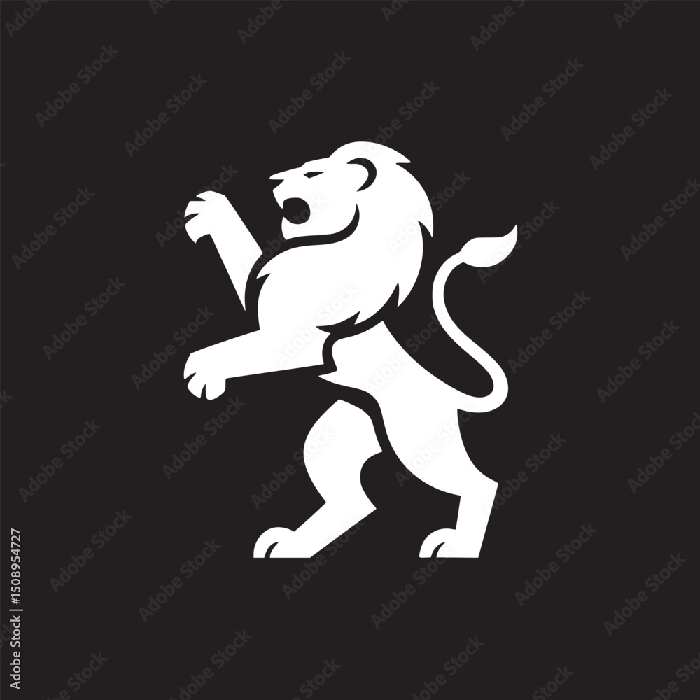Obraz premium A white heraldic lion rampant on a black background with its mouth open and one paw raised upwards