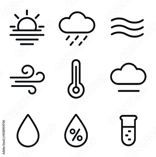 Lowland Climate Icons. Outline icon set of lowland climate elements: sun with haze, light drizzle, mist layer, wind swirl,