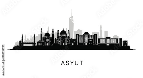 Asyut Egypt Skyline with Black Silhouette, and White.