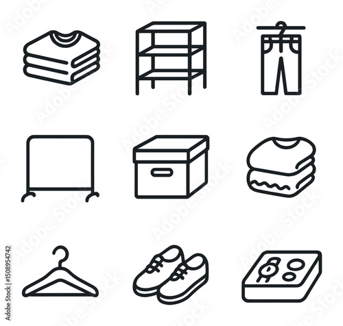 Minimal Clothing Icons. Outline icon set of using open shelving for daily clothing access: folded