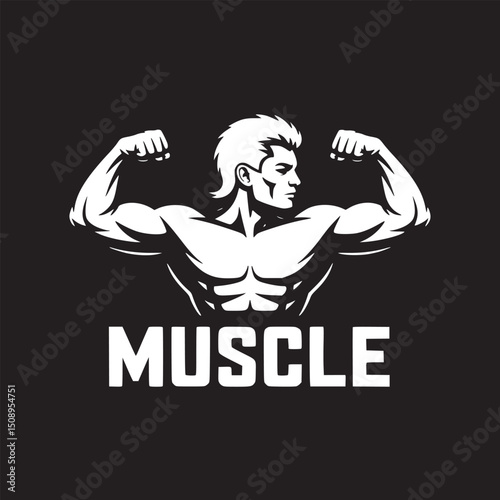 Illustration of a muscular man flexing his biceps with the word muscle below on black background