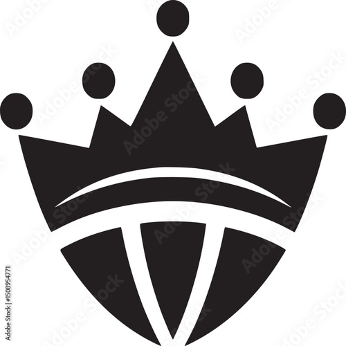 A stylized black crown emblem with five orbs and geometric shapes on a white background image design
