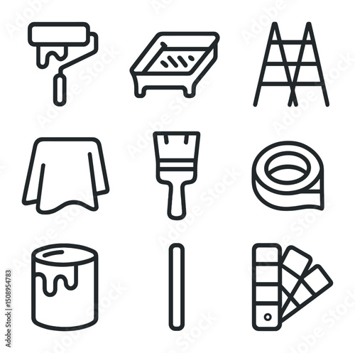 Painting Tools Icons. Outline icon set of painting and decorating: paint roller, paint tray, ladder, drop cloth, paintbrush,