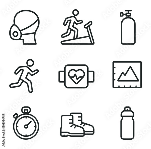 High Altitude Training Icons. Outline icon set of high altitude training drills: altitude mask, treadmill slope, oxygen tank,
