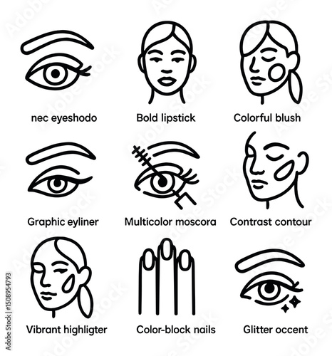 Makeup Icon Set. Outline icon set of makeup color clashes: neon eyeshadow, bold lipstick, colorful blush, graphic eyeliner,