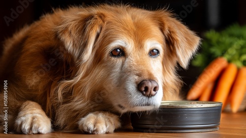 Golden retriever contemplating pet food dish
