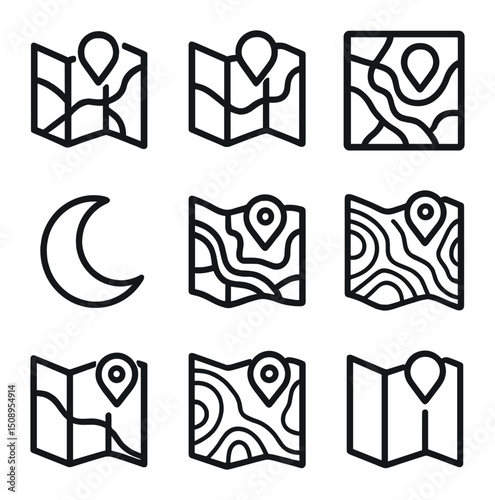 Map Style Icons. Outline icon set of map styles and themes: dark mode map, light mode map, pastel theme, high contrast theme,