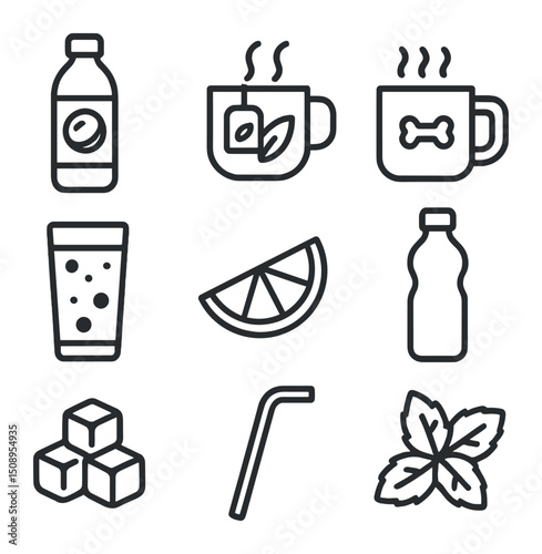 Paleo Beverage Icons. Outline icon set of paleo hydration and beverages: coconut water bottle, herbal tea cup, bone broth mug,
