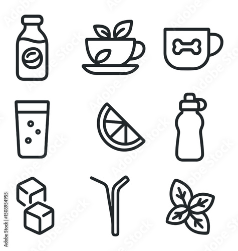 Paleo Beverage Icons. Outline icon set of paleo hydration and beverages: coconut water bottle, herbal tea cup, bone broth mug,