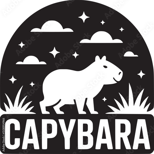 A black and white logo of a capybara under a starry sky with grass and the word capybara below it