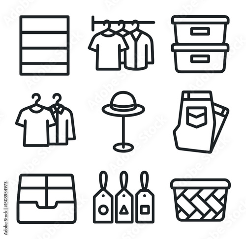 Minimalist Closet Icons. Outline icon set of minimalist closet organization: open shelves, hanging