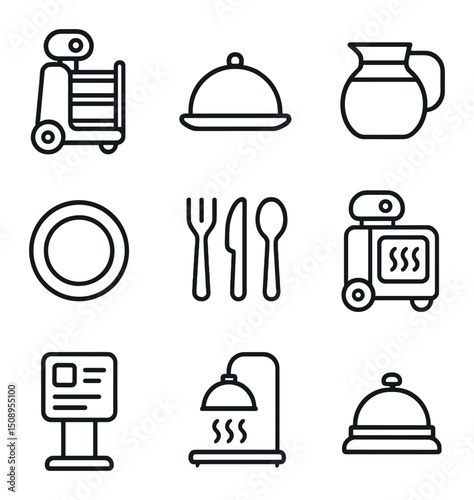 Meal Delivery Robots. Outline icon set of meal delivery and prep robots: service trolley robot, food tray, coffee pot, dinner