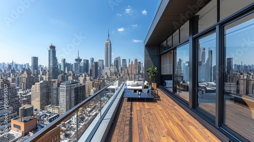 Skyscraper rooftop terrace view - Empty luxury penthouse deck with infinity edge looking over city skyline under perfect blue sky, modern outdoor furniture