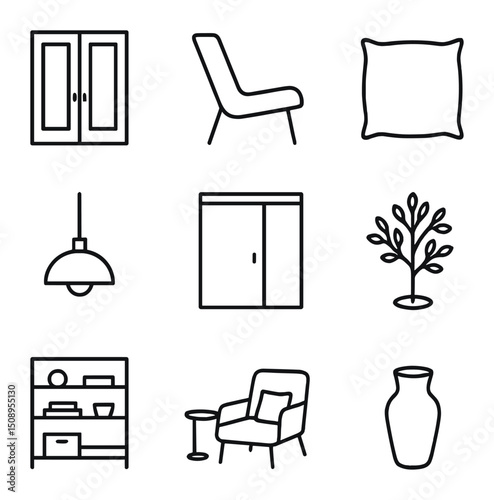 Minimalist Home Icons. Outline icon set of airy home design essentials: glass door, lounge chair,