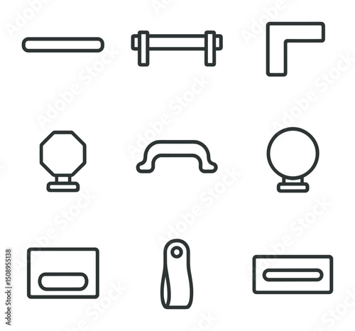 Modern Dresser Hardware Icons. Outline icon set of modern dresser hardware: minimal pull, matte