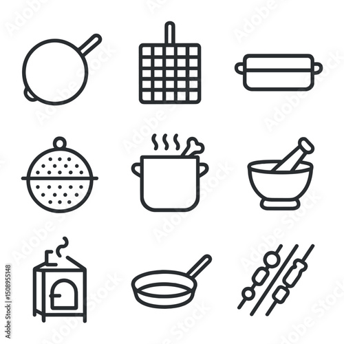 Paleo Cooking Icons. Outline icon set of paleo cooking methods: cast iron skillet, grilling grate, roasting pan, steamer basket,