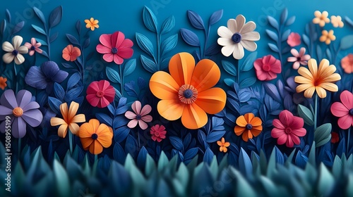 A vibrant floral arrangement with an abstract theme featuring colorful paper flowers and leaves against a deep blue backdrop, creating a cheerful and artistic composition.