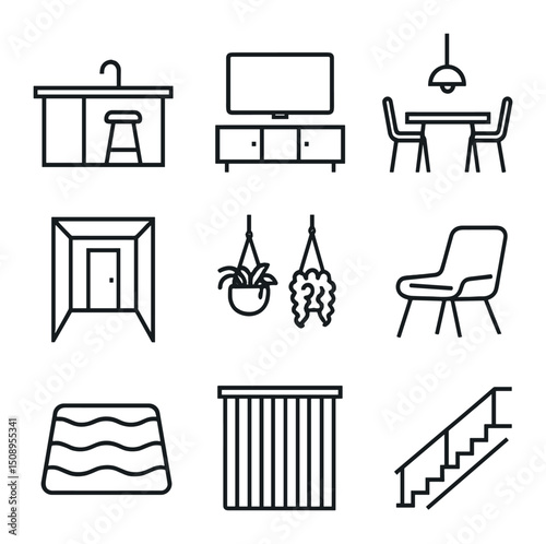Modern Interior Line Icons. Outline icon set of modern open-plan interiors: open kitchen island,