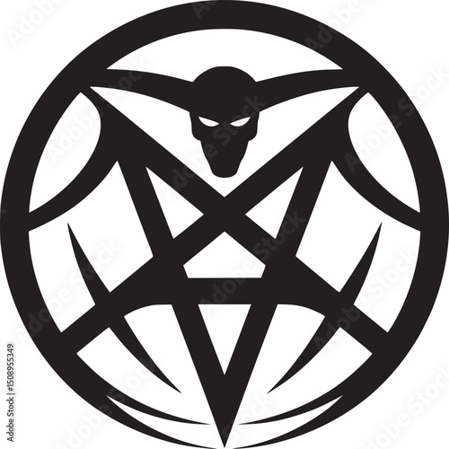 A black and white illustration of a skull with horns inside of a pentagram and a circle design