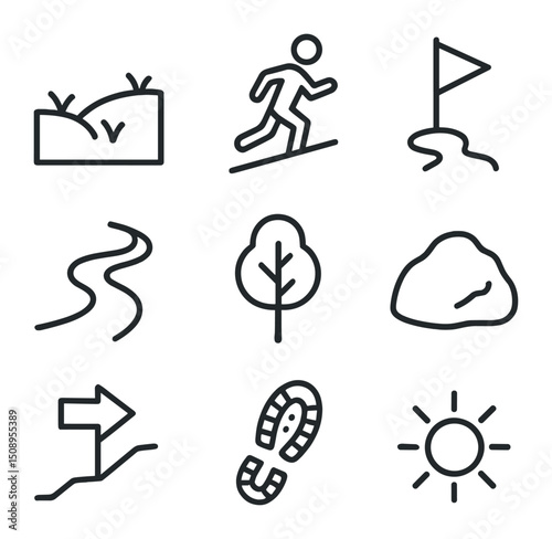 Hill Climber Icons. Outline icon set of cross country hill climbers: grassy hill, runner silhouette, flag marker, winding trail,