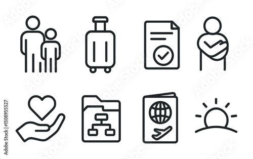 Travel and family concept with passport, luggage, and sunrise icons