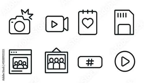 Minimalist icons set featuring camera, video, heart, and playlist symbols
