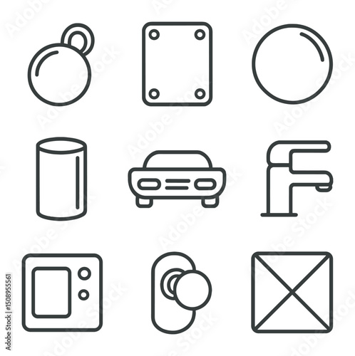 Metallic Icon Set. Outline icon set of metallic and chrome finishes: polished chrome, stainless steel panel, metal sphere,
