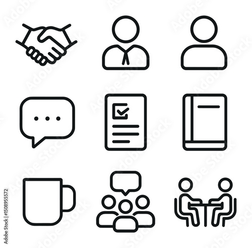 Parent-Teacher Icon Set. Outline icon set of parent–teacher interactions: handshake, teacher silhouette, parent silhouette,