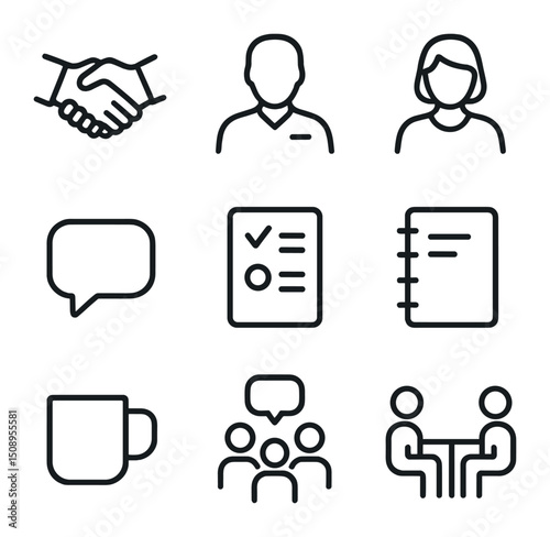 Parent-Teacher Icon Set. Outline icon set of parent–teacher interactions: handshake, teacher silhouette, parent silhouette,