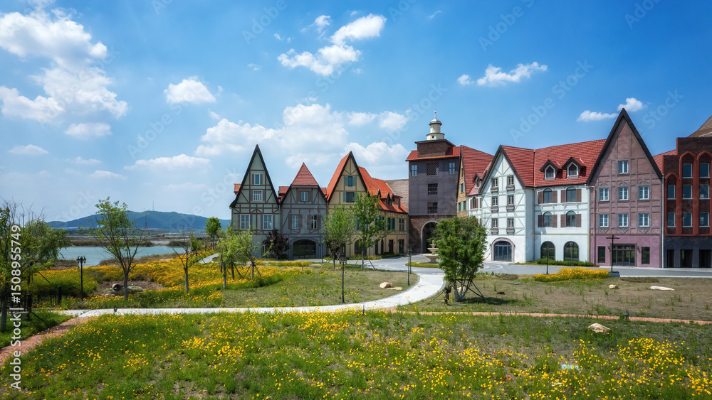 Fototapeta premium Charming European-style Townhouses by a Lake