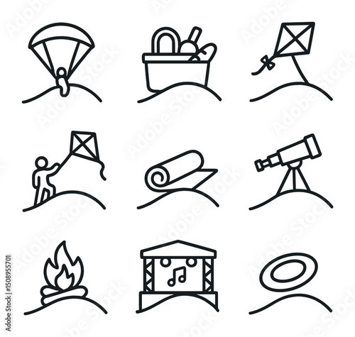 Hilltop Recreation Icons. Outline icon set of hilltop recreation: paragliding, picnic basket, kite flying, yoga mat, telescope,