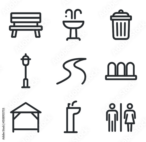 Park Amenities Icons. Outline icon set of park amenities: bench, water fountain, trash bin, street lamp, footpath, bike rack,