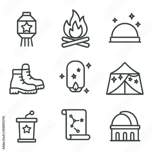 Milky Way Festival Icons. Outline icon set of cultural Milky Way festivals: star festival lantern, solstice bonfire, planetarium
