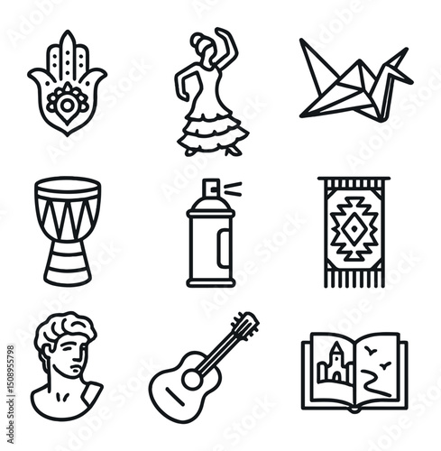 Multicultural Artistic Icons. Outline icon set of multicultural artistic elements: henna pattern,