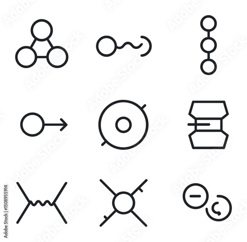 Particle Physics Icons. Outline icon set of particle physics: quark triplet, gluon exchange, lepton family, neutrino icon,