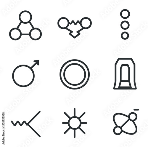 Particle Physics Icons. Outline icon set of particle physics: quark triplet, gluon exchange, lepton family, neutrino icon,