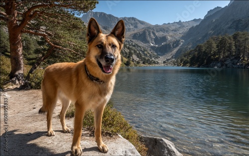 Happy dog by serene mountain lake
