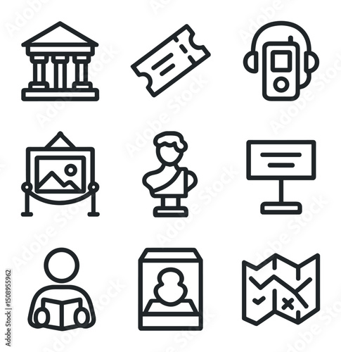 Museum Icons Set. Outline icon set of visiting a museum: museum building, ticket stub, audio guide,