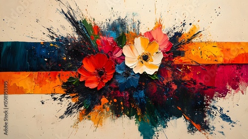 Vibrant floral painting with thick brushstrokes showcases an abstract theme. Bold colors and dynamic composition create a visually striking piece that commands attention and evokes emotion.