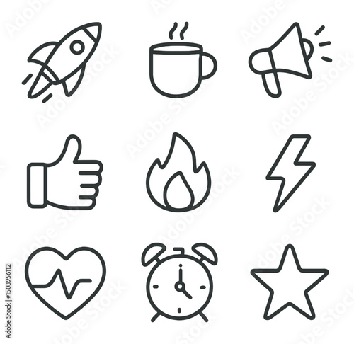 Motivation Icons Set. Outline icon set of motivation boosters: rocket launch, coffee cup, megaphone, thumbs up, flame, lightning