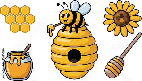 Cartoon bee with honeycomb, beehive, sunflower, honey jar, and honey dipper vector illustration set for honey production, nature, and pollination concept design