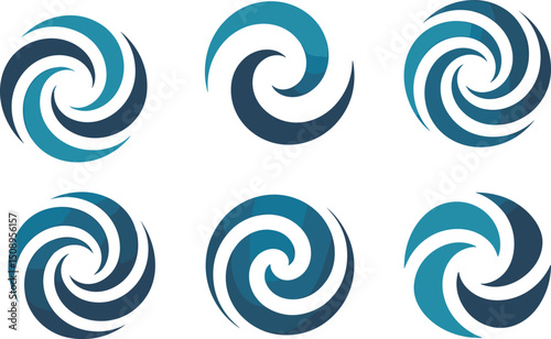 Set of six modern blue swirl spiral vector logos design isolated on white background, creative abstract shapes, dynamic circular emblems for branding and identity
