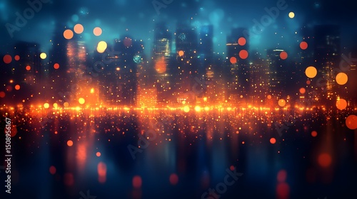 Vibrant abstract cityscape illuminated with bokeh lights creates a fantasy ambiance. The image conveys a sense of magical realism with a modern feel and beautiful reflections and glows.