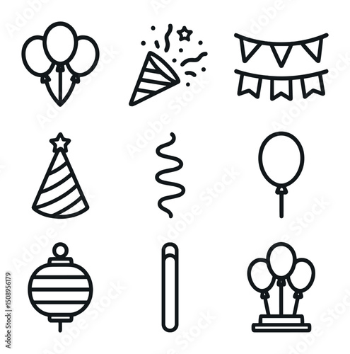 Party Decoration Icons. Outline icon set of party decorations: balloon bunch, confetti popper, banner flag, party hat, streamer